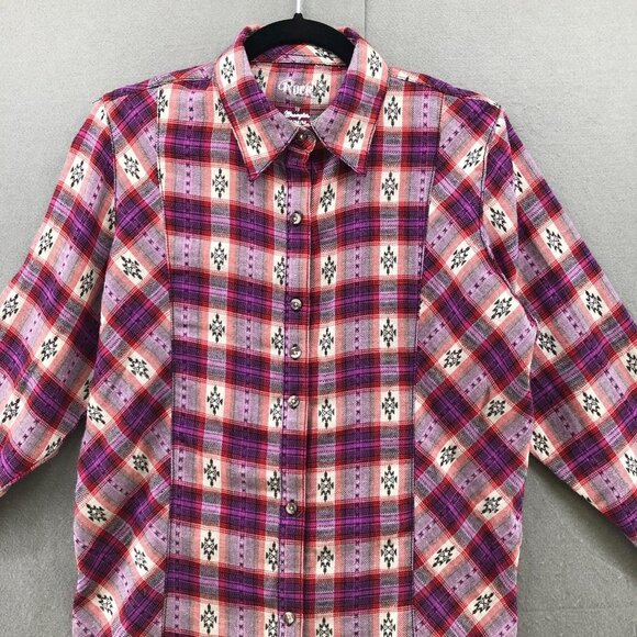 Rock 47 Wrangler Western Shirt Womens M Long Sleeve Pink Plaid Tunic Longline - Picture 3 of 12